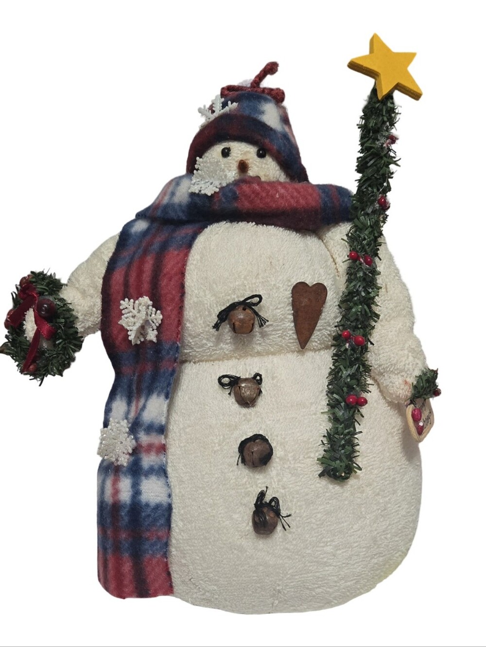 Handmade Cream Snowman Holiday Décor with Red & Blue Plaid Scarf